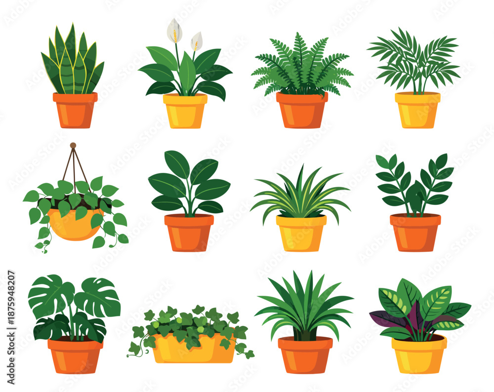 Fototapeta premium Cartoon graphic potted plant set featuring diverse indoor foliage for interior design projects