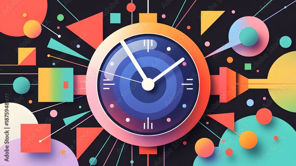 Obraz premium Vibrant abstract digital art: a bold stopwatch at center with glowing blue-orange face, surrounded by dynamic geometric shapes, colorful orbs, lines, and triangles in a futuristic dark space.