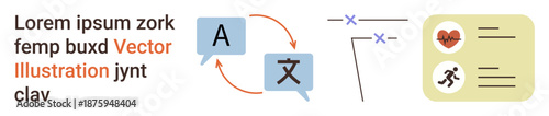 Language services, health tracking, data visualization, communication tools, education, digital tools. Speech bubbles with arrows, health icons chart symbols. Language services and health tracking