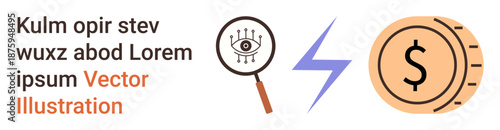 Data analysis, financial growth, market research, concept illustration, energy transfer, digital economy. Graphic features magnifying glass with eye, bolt and coin. Data analysis and financial