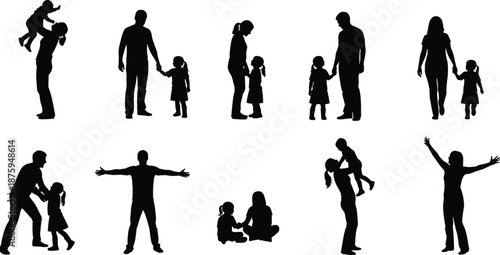 Family silhouette set, parents and children moments, love and care scenes, black vector figures for parenting, lifestyle, and social design