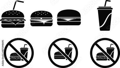 Fast food icon set, burger and soda symbols, black silhouette vector signs for restaurant, menu, diet, warning, and graphic design use