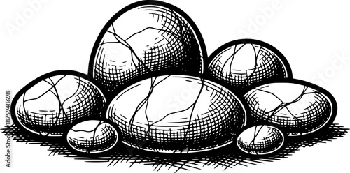 Illustration of a Group of Stones in an Engraved Style with Cros
