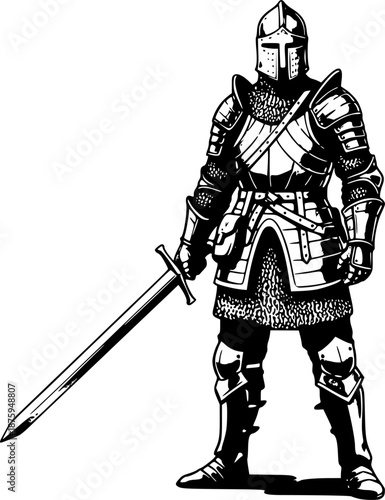 Ink-Wash Illustration of a Medieval Warrior with Sword and Armor
