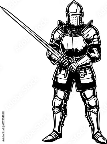 Ink-Wash Illustration of a Medieval Warrior with Sword and Armor
