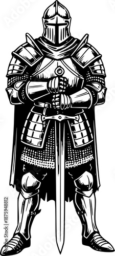 Ink-Wash Illustration of a Medieval Warrior with Sword and Armor
