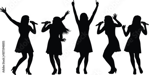 Female singer silhouettes group, black vector illustration of women performing with microphones, music concert icons for stage, show, design, branding