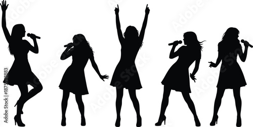 Female singer silhouettes set, black vector illustration of women performing with microphones, music concert icons for stage, show, dance, design