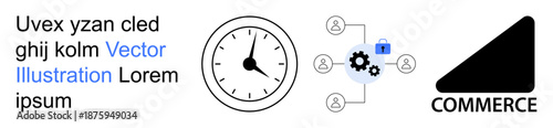 Business workflow, time management, digital networking, commerce strategy, efficiency, teamwork. A clock, interconnected users gears and a commerce symbol. Business workflow and time management