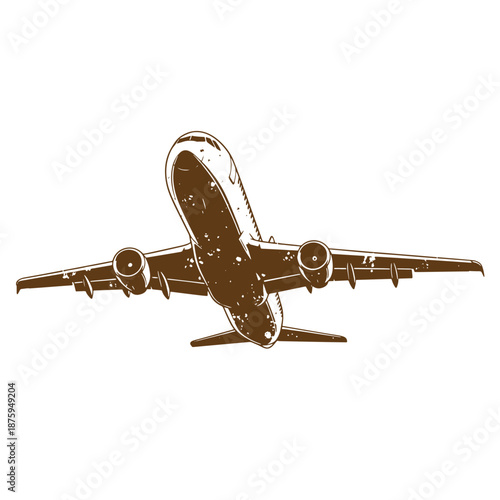 Drawing Vintage Brown airplane flying illustration with sepia tone and distressed texture on white background  air travel concept