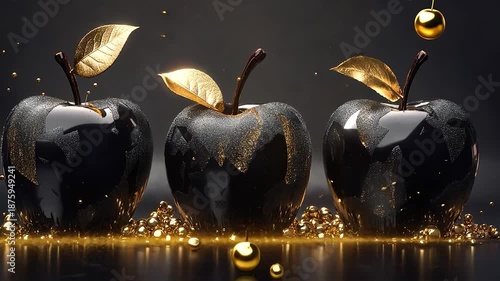 Three black apples with gold leaves and details