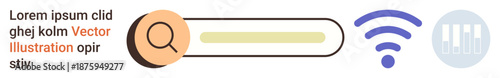 Digital marketing, search engine optimization, data analysis, technology tools, browsing, communication. A magnifying glass in a search bar, wireless signal and data bars. Digital marketing and SEO