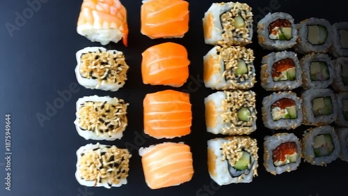 Variety of sushi rolls on dark plate