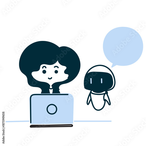 cute cartoon business woman working together with robot on laptop in hand drawn style