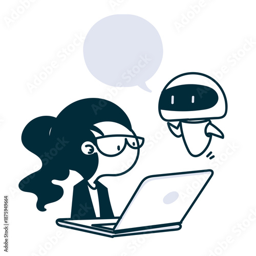 cute cartoon business woman working together with robot on laptop in hand drawn style