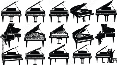 Grand piano silhouettes collection with classical musical instruments concert performance jazz and classical music vector illustration set