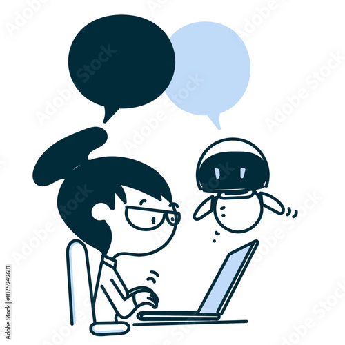 cute cartoon business woman working together with robot on laptop in hand drawn style