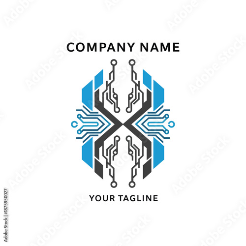 Abstract technology logo with symmetrical circuit board design.