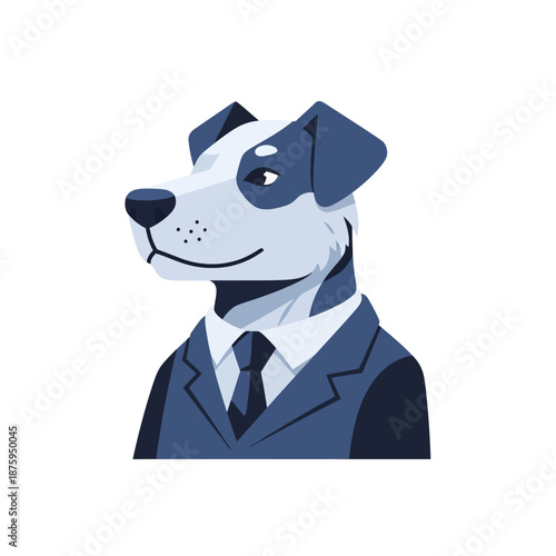 A stylish dog wearing a suit and tie looking professional.