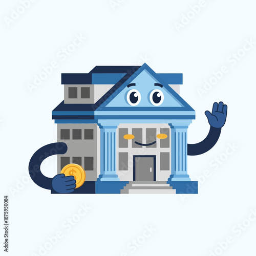 Cartoon Bank Building Character Holding Coin Waving Hand.