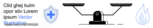 Justice, protection, decision-making, safety, risk management, health symbols. Balanced scale with shield and flame icons. Justice and protection in visual