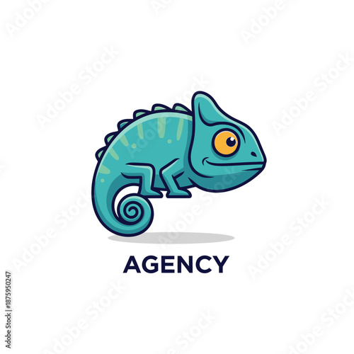 Cute Teal Chameleon Character with Agency Text Below.