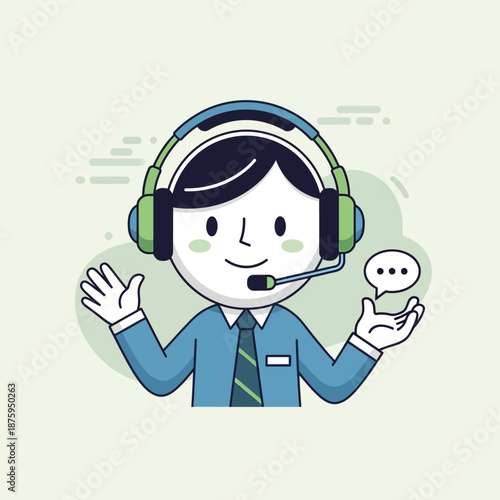 Friendly cartoon man wearing headset and tie representing customer service.