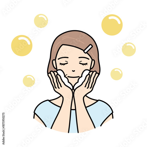 Senior woman washing face with foam and yellow bubbles