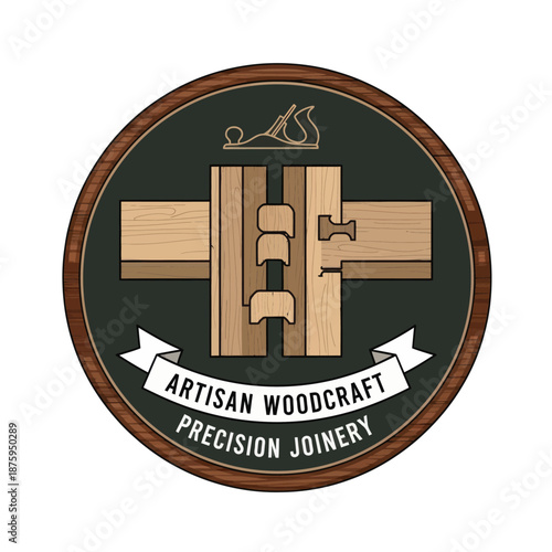 Artisan Woodcraft Precision Joinery Emblem with Woodworking Tools.