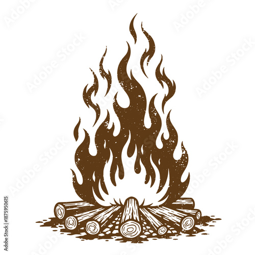 Drawing Vintage Brown campfire with flames burning wood logs isolated on white background