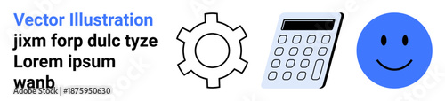 Gear icon, calculator, and happy face symbolize productivity, efficiency, financial management, and positivity. Ideal for business, education, personal development technology productivity success