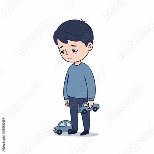 Cartoon Style Lonely Boy Holding Toy Car Depressed Emotion Illustration