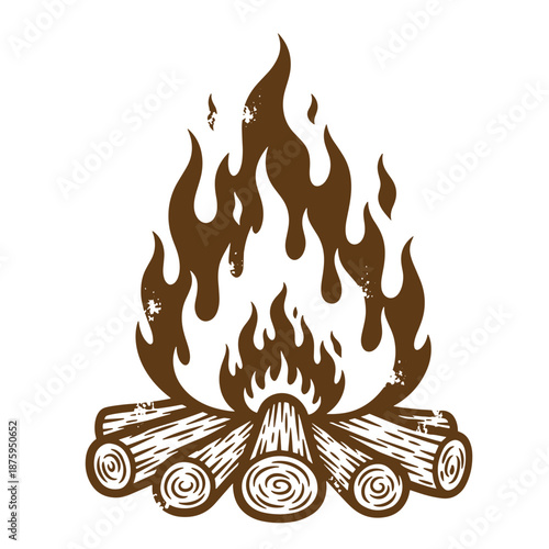 Drawing Vintage Brown campfire with logs burning on top  warm fire illustration