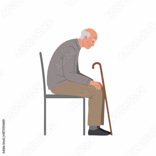 Simple Flat Style Illustration of Senior Man Sitting with Cane Character