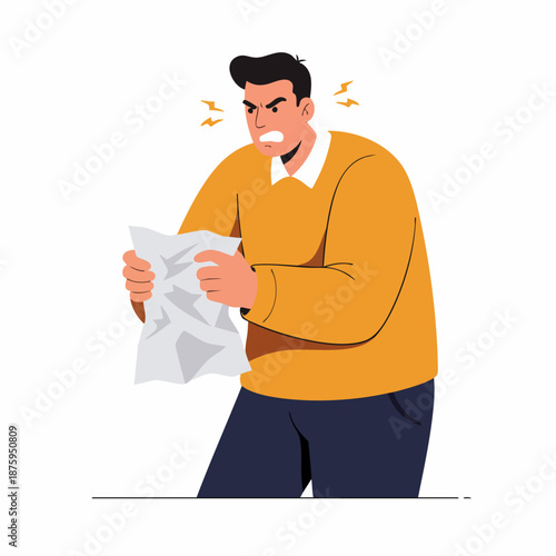 Flat Character Angry Man Crumpling Paper Document Frustration Expression Concept