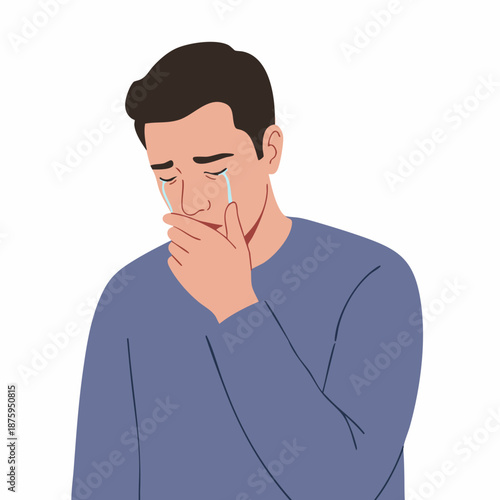 Flat Graphic Illustration of Crying Man Character with Tears and Sadness