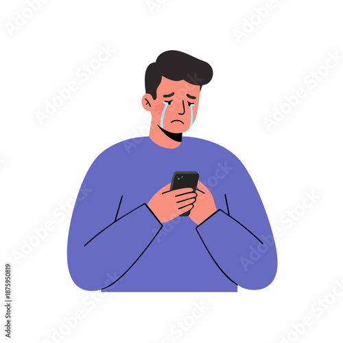 Flat Illustration of Sad Man Holding Smartphone Feeling Down Concept
