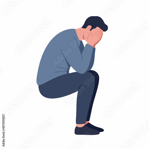 Depressed Flat Style Sitting Man Character Illustration with Sad Expression