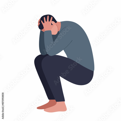 Flat Illustration Depressed Man Sitting Down and Covering His Face