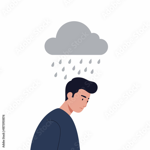 Flat Illustration Sad Man with Cloud Above Head Depression Concept