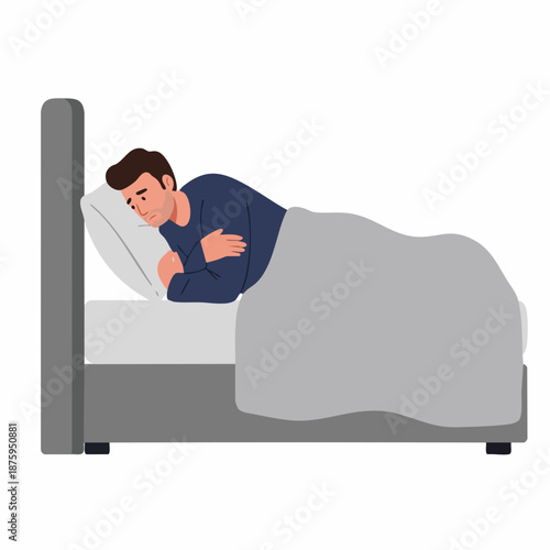 Flat Cartoon Style Sick Man Sleeping in Bed Illustration