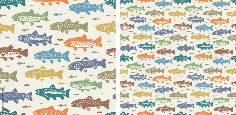 Naklejka premium Colorful Trout Fish Seamless Pattern Vector Background for Fishing and Outdoors