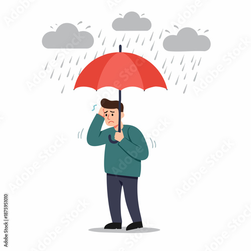 Flat Style Depressed Man Standing Under Umbrella in Rainy Weather Illustration