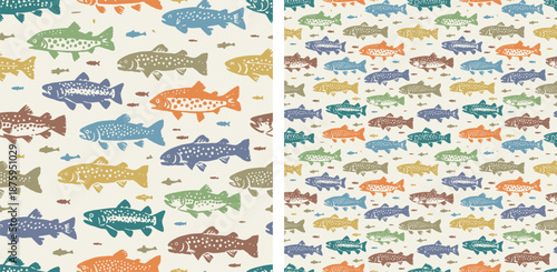 Colorful Trout Fish Seamless Pattern Vector Background for Fishing and Outdoors