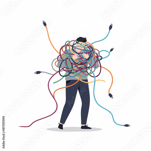 Flat Cartoon Man Tangled in Messy Wires Concept Illustration Graphic
