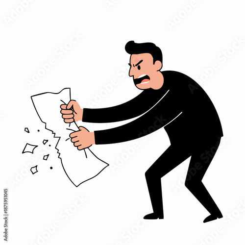 Cartoon Illustration Man Tearing Document with Angry Expression and Aggression Graphic