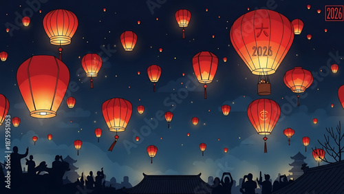 Hundreds of red lanterns fill the night sky, illuminating a vibrant festival where people celebrate cultural traditions, creating a magical atmosphere for new beginnings