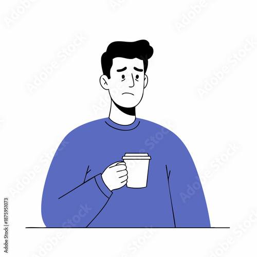 Flat Line Illustration of Unhappy Man Holding Mug Feeling Disappointed
