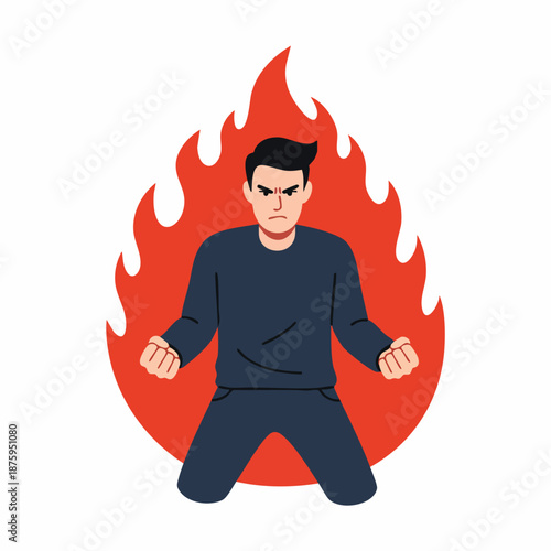 Flat Illustration Angry Man Surrounded with Fire Showing Negative Emotion