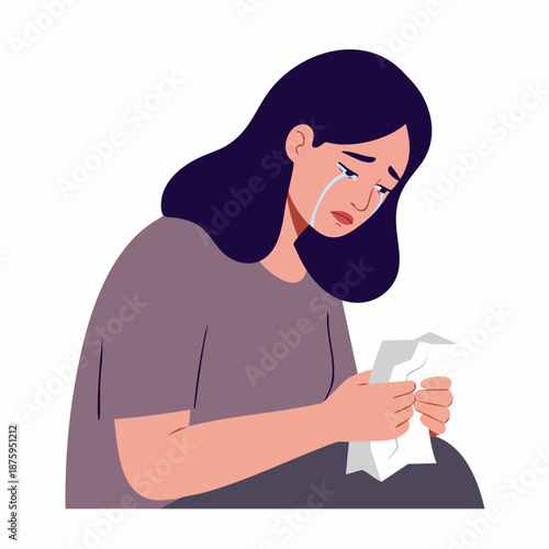 Flat Illustration of a Woman Crying Holding Crumpled Paper Document